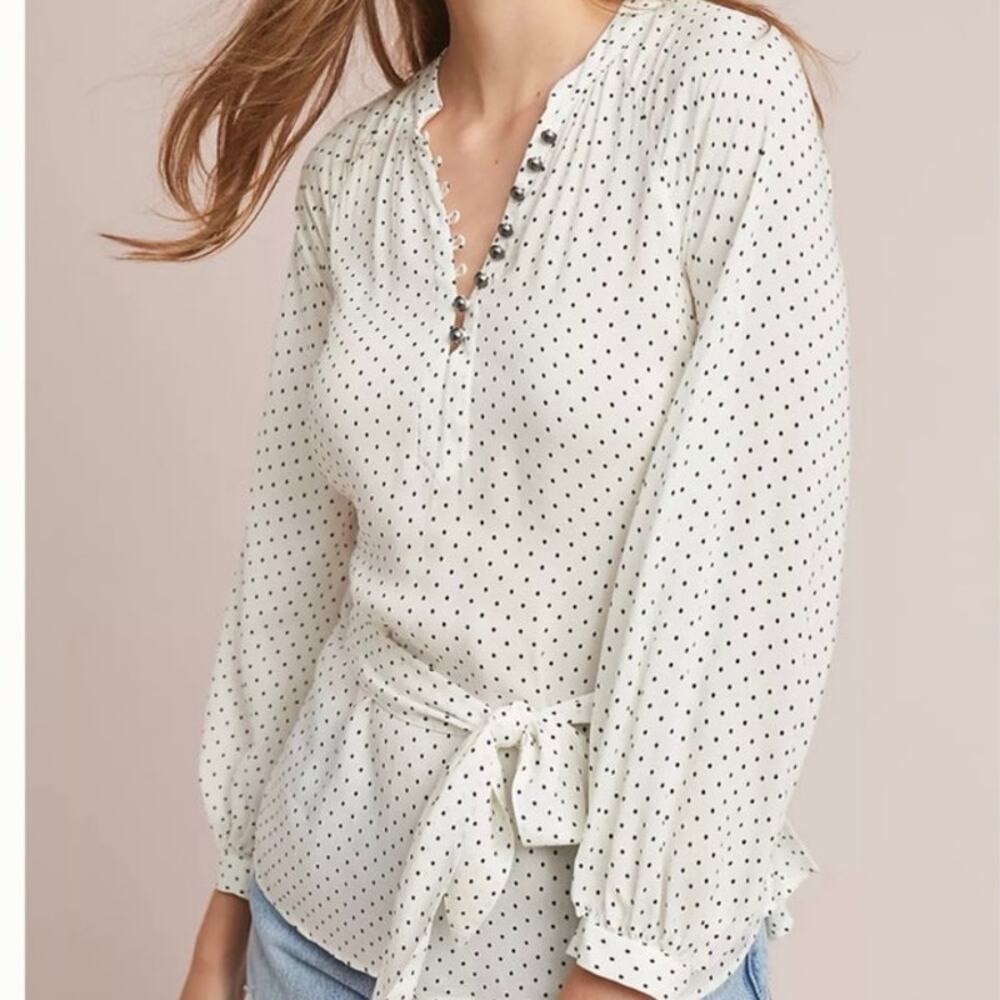 Maeve Anthropologie Womens 16 Lucy Polka Dot Blouse Tie Waist White Black Top